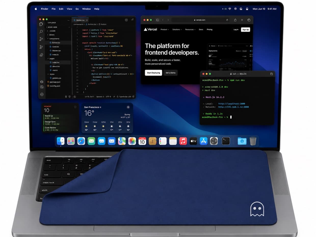 Noxaw microfiber cloth resting on an open laptop with developer tools on screen.